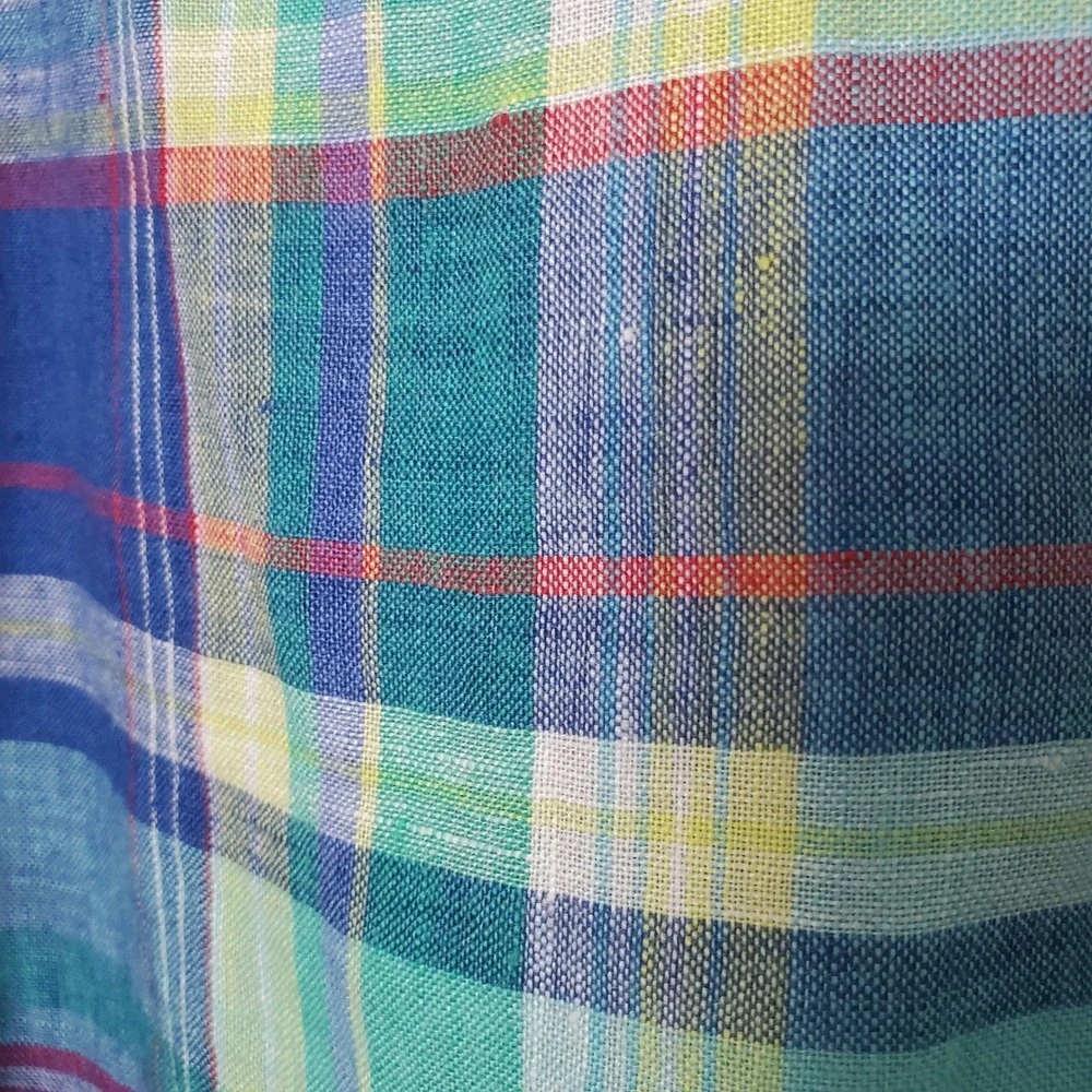 Ralph Lauren Multicolor Plaid Slub Linen Button Down Shirt Blue Green Youth Lg